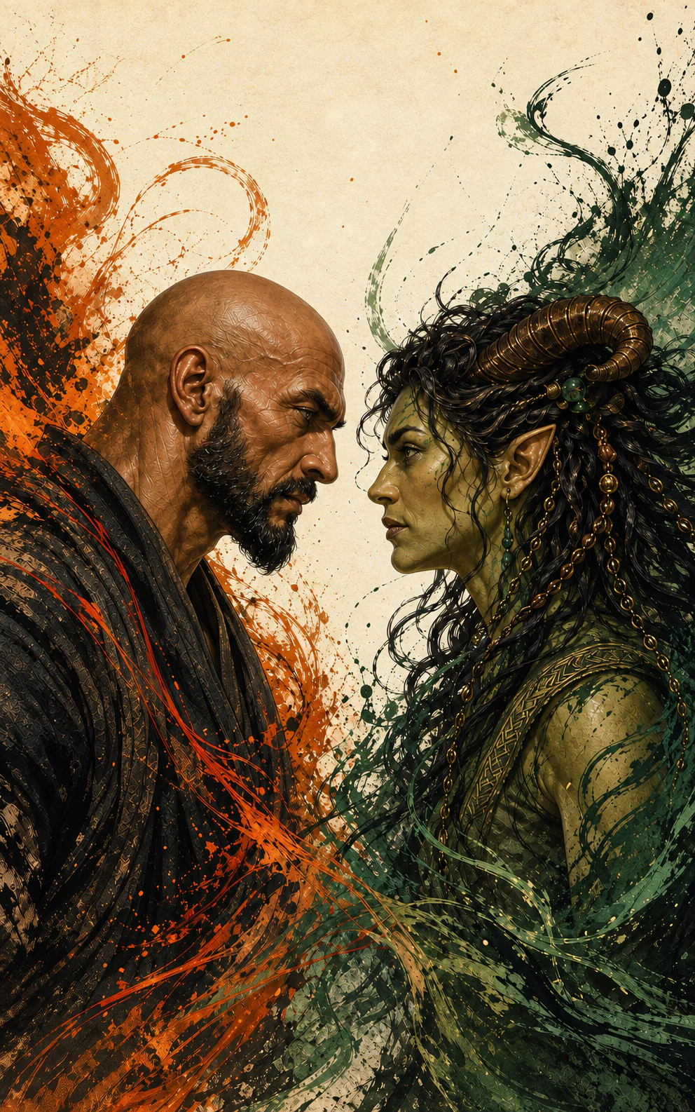 Rishi and Maeril facing one another amid orange and green brushwork