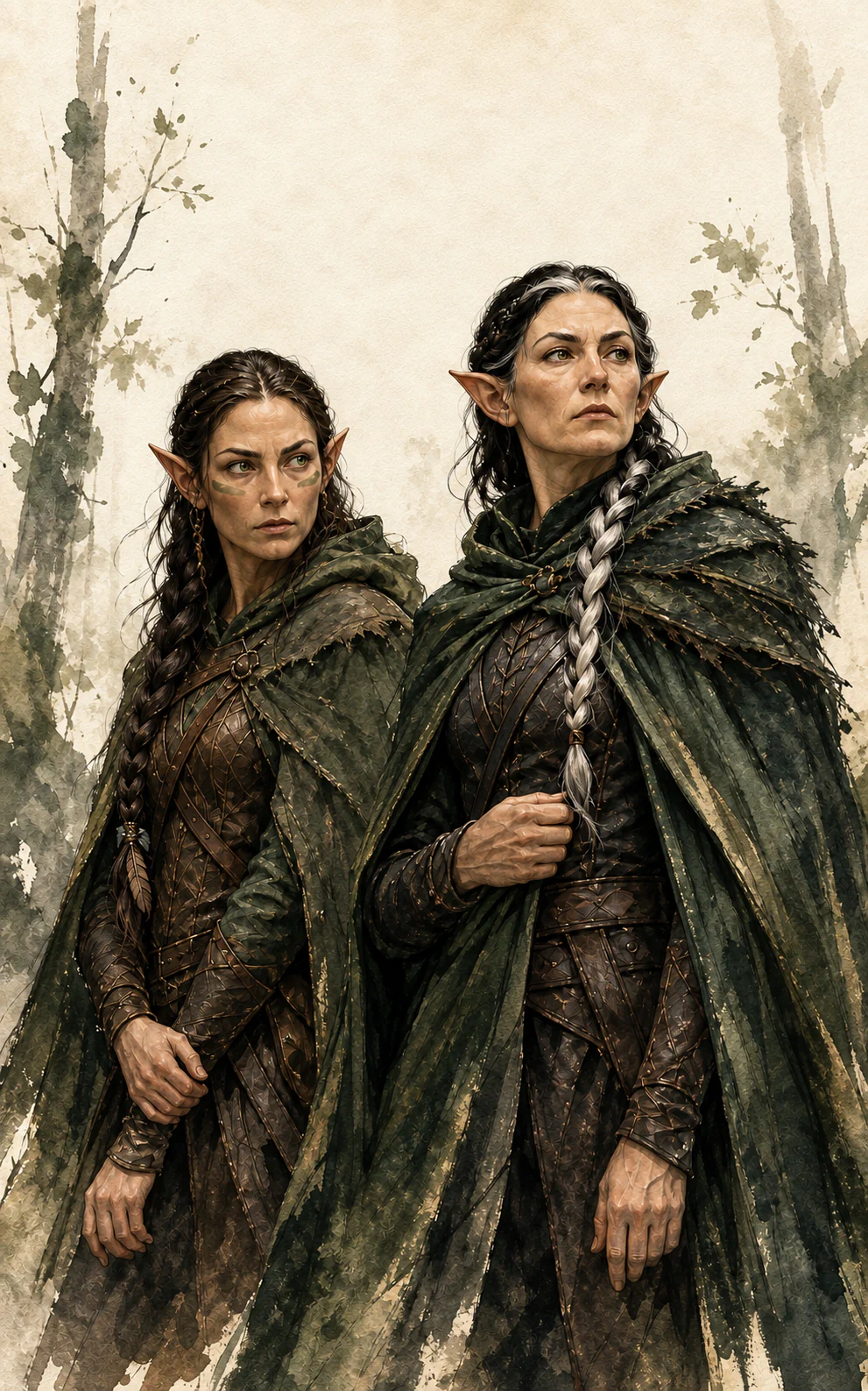 Two wary elves standing together in a pale forest