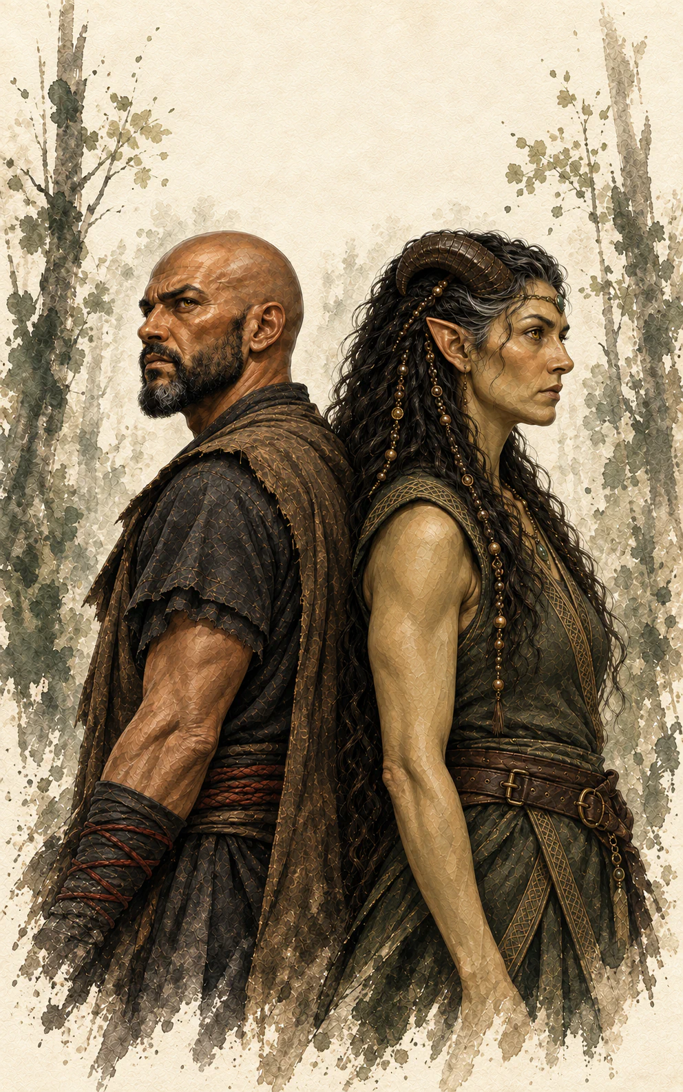 Rishi and Maeril standing back to back in a pale forest