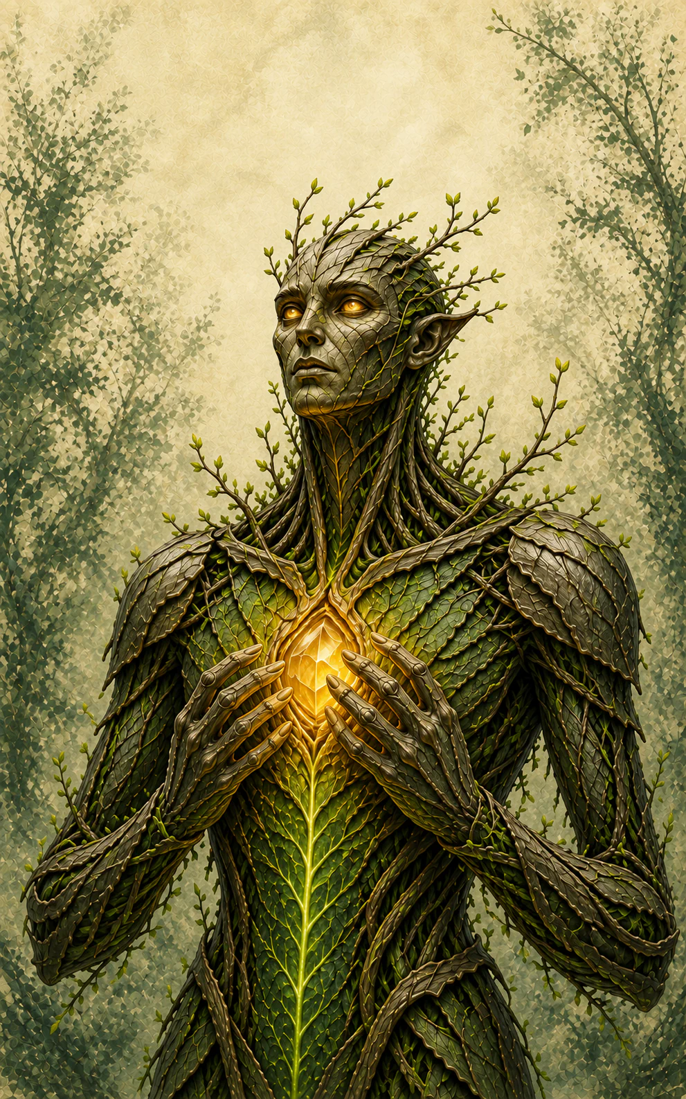 A tall arboreal guardian holding golden light at its chest