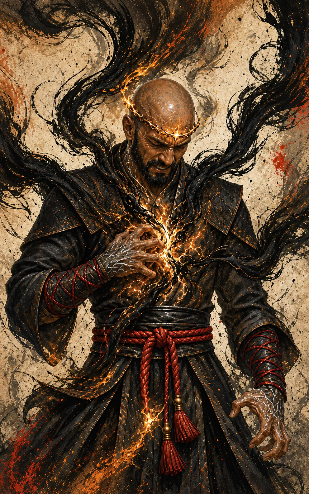 Rishi bowed beneath black tendrils and glowing orange fractures